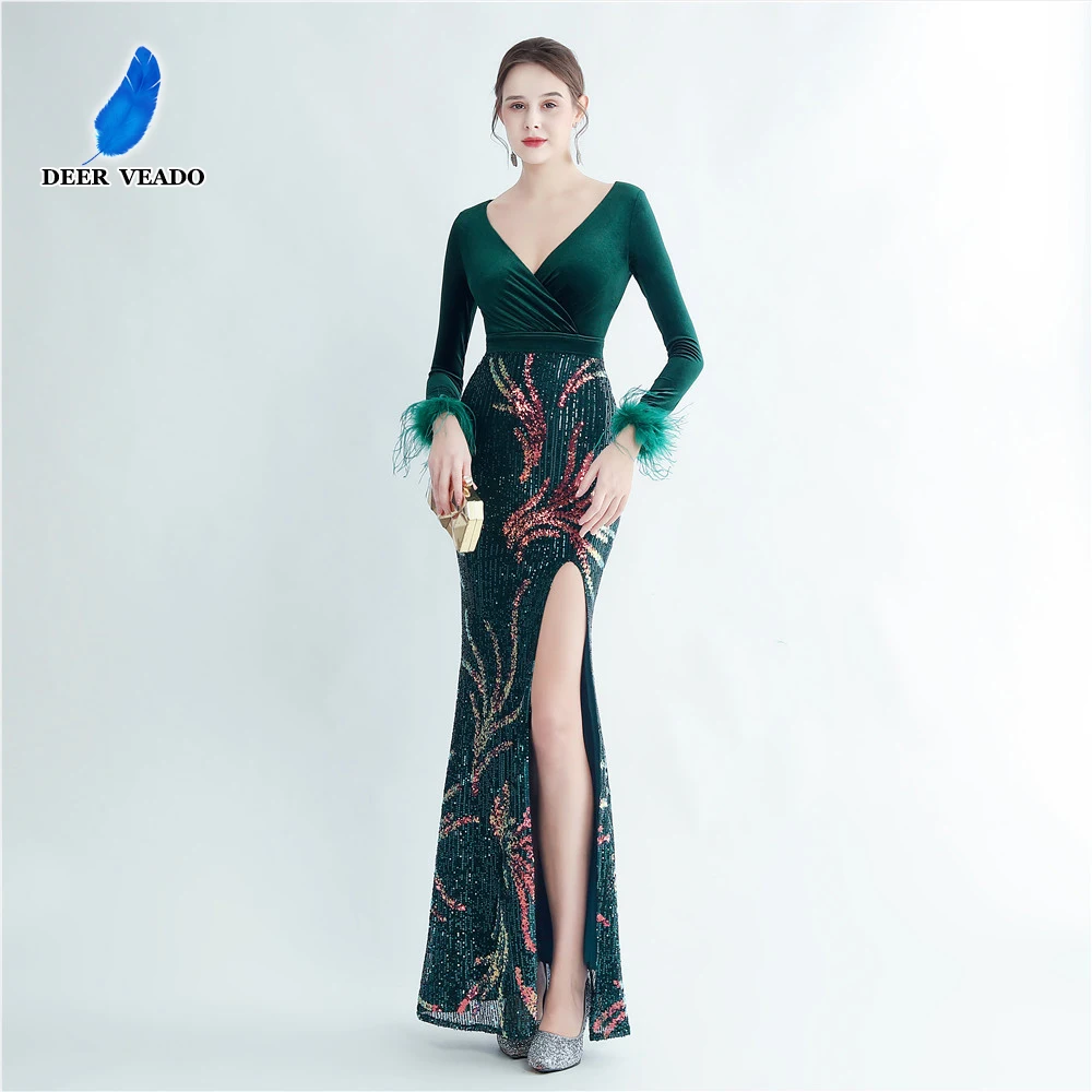 Vestidos máximos de terciopelo con cuello en V y estilo sirena Verde Oscuro Tallas Grandes