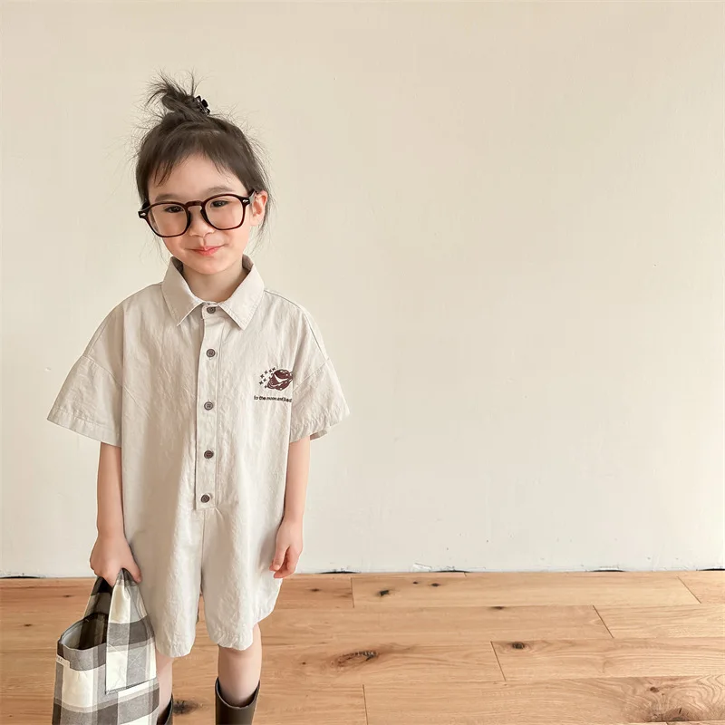 2025 Children's Clothing Summer New Product Girls' Korean Version Summer Shirt Shorts Jumpsuit Boy Embroidered Jumpsuit 2