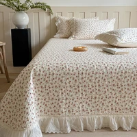 3/5Pcs Rose Floral Print Lace Ruffles Quilted Bedspread, Bed Cover, Mattress Topper Coverlet, Bed Sheet, With Pillowcases