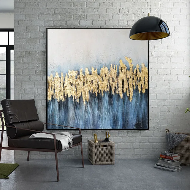 Abstract Large Oil Paintings With Gold Foil Decoration Modern Landscape Canvas Wall Art Gold Blue Artwork For Living Room Office