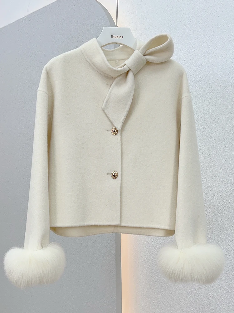 

Женское кашемировое шерстяное пальто, роскошная куртка с манжетами из натурального Лисьего меха, верхняя одежда для зимы 2024