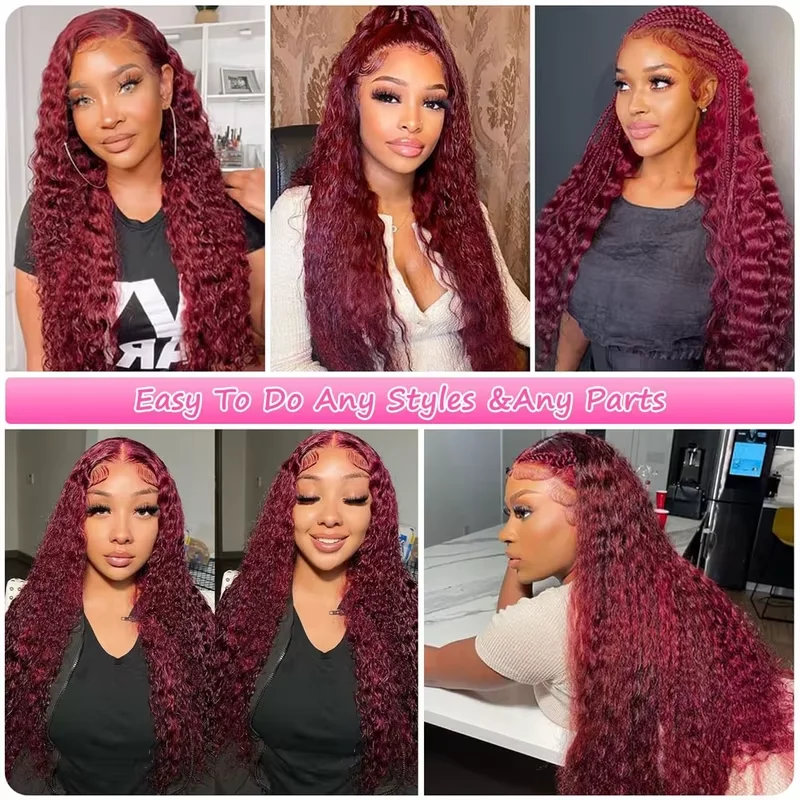 99J Burgundy Deep Wave 13x4 Lace Frontal Wig Red Wine Water Human Hair Brazilian 30 40 Inch Kinky Curly 13x6 HD Lace Front Wigs