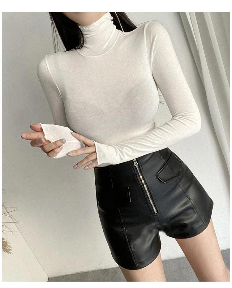 Klassische Feste Lange Hülse Dünne T-shirt Frauen Frühling Dünne Bequeme Rollkragen T-shirts Sexy Vielseitig Rüschen Rand Basis Schicht Top – Detail 11