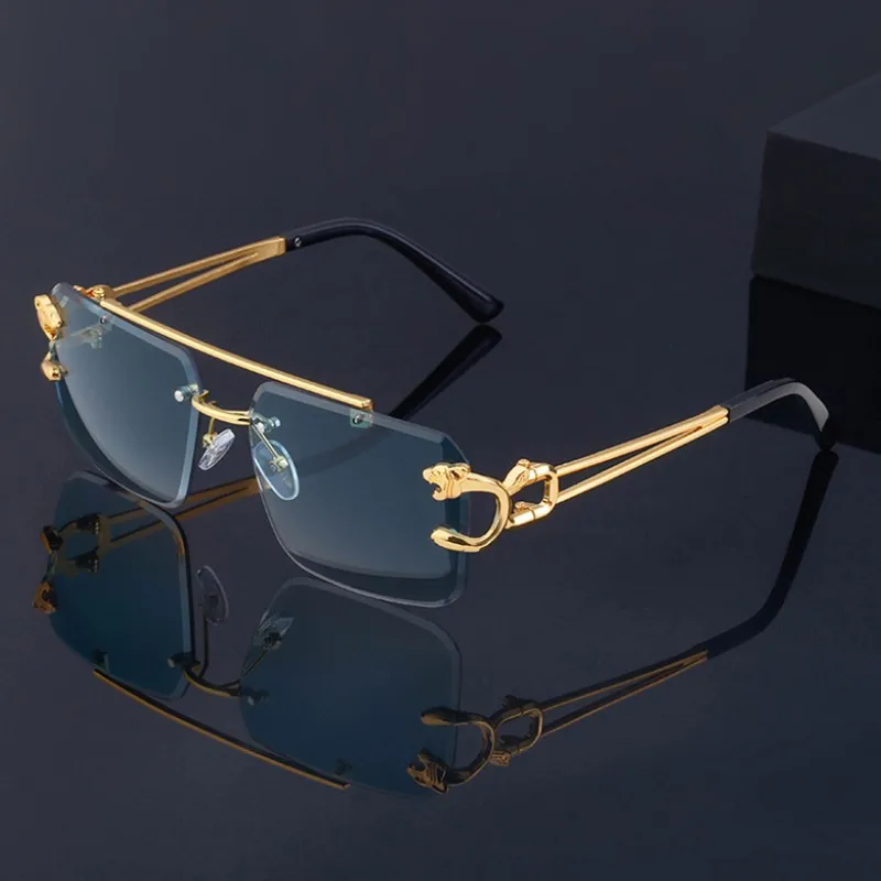 

Retro Double Beam Sunglasses Men's Fashion Leopard Frameless Sun Glasses Women's Trend Gradient Ocean Film Shades UV400 Eyewear