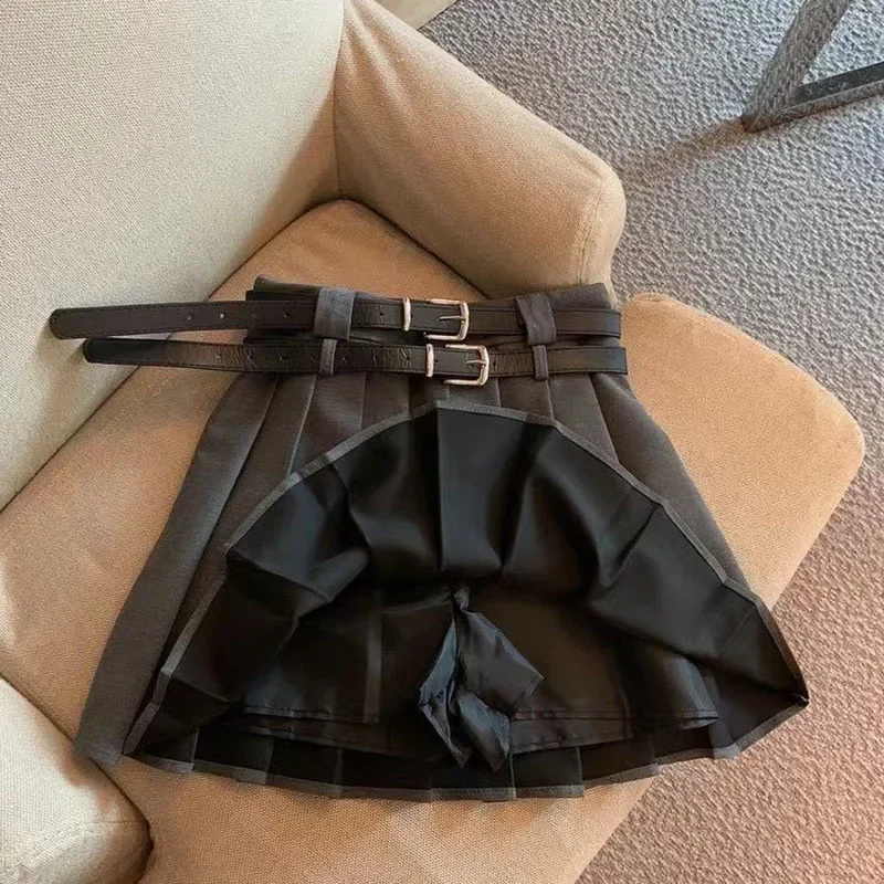 Xpqbb 모든 경기 대학 스타일 Jk Pleated 스커트 여성 패션 더블 벨트 하이 웨이스트 스커트 여성 빈티지 브라운 미니 스커트