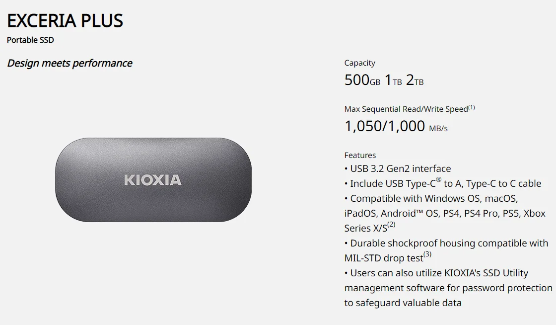 Kioxia 2 ׶Ʈ ָ Ʈ ̺ (PSSD) XD10 ȣȭ 1 ׶Ʈ 500GB Type-c  1050M Nvme USB3.2 Gen2
