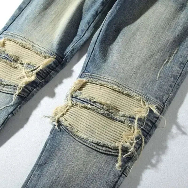 Men's Jeans Ripped with Holes Broken Trousers Man Cowboy Pants Torn Tapered Pockets Light Blue Summer Denim Trend Luxury Xs