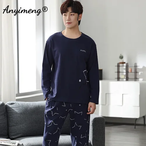 한국어 미니멀리스트 스타일 남자 잠옷 세트 긴 소매 Loungewear 코 튼 잠 옷 소년 레저 망 Pijamas 패션 Homesuits 2