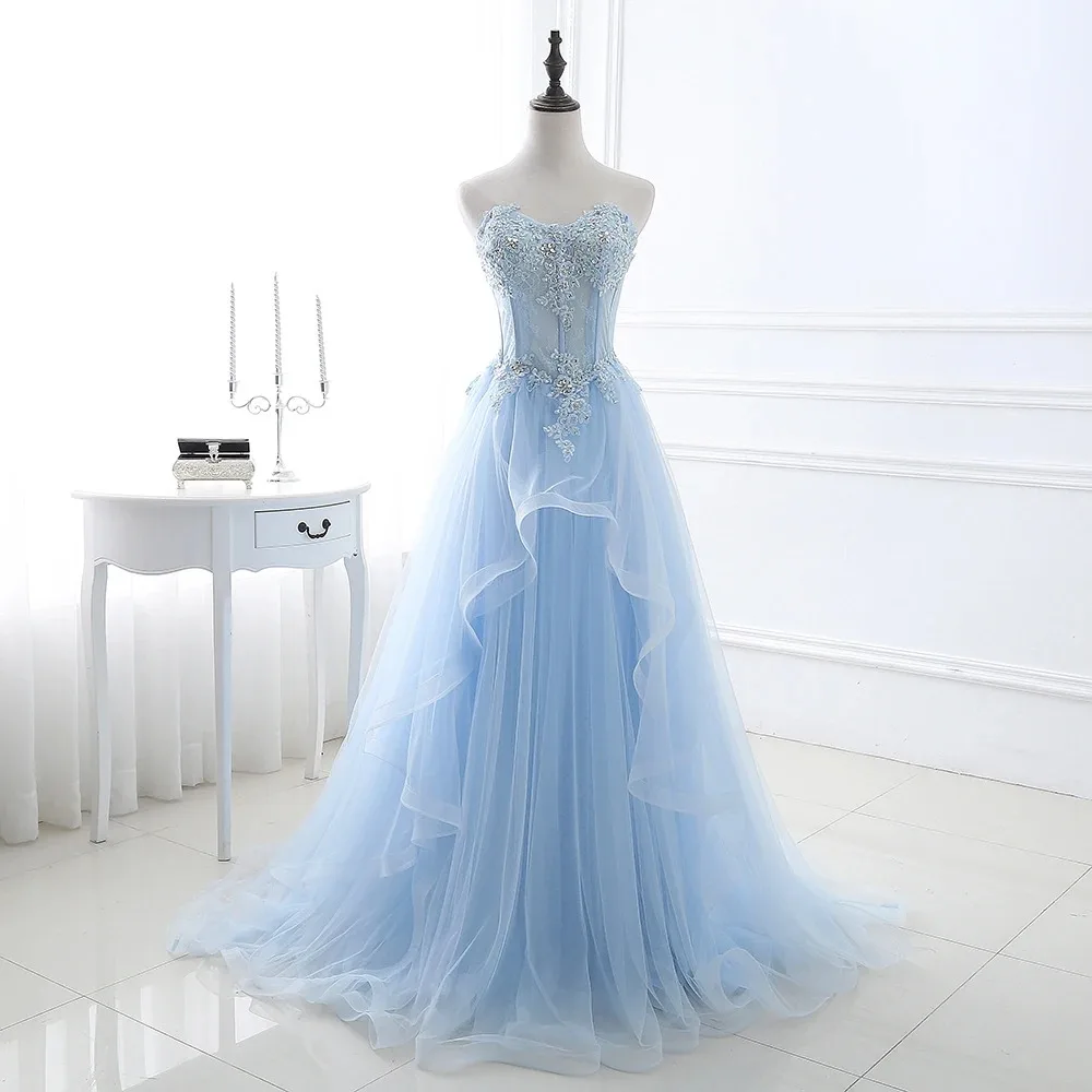 

Light Blue Prom Dresses Long Sexy Sweetheart A-Line Tulle Lace Applique Beaded Crystal Women Formal Party Gown