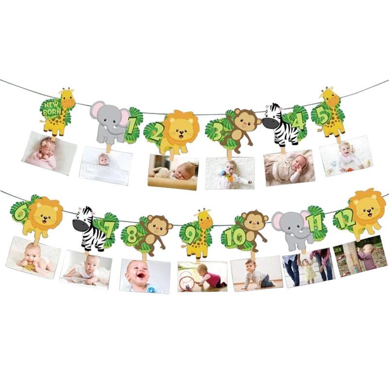 Birthday Banner Party Decorations 1st Jungle Animal Birthday Photo Banner Garland 12 Month Bunting Safari Wild One Year Baby Birthday Party Decoration Supplies