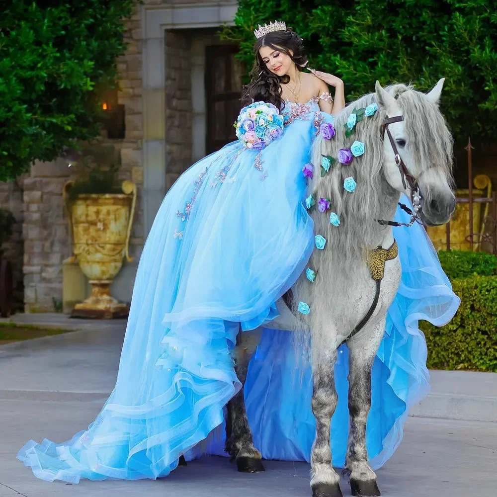 ANGELSBRIDEP Light Blue 3D Flowers Quinceanera Dresses Off The Shoulder Beading Appliques Mexican Girls Sweet 16 Prom Ball Gown