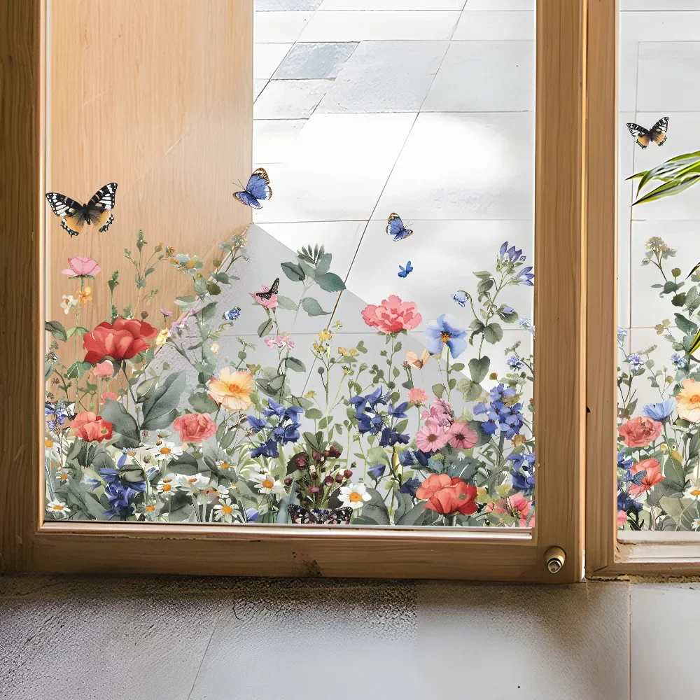 Colorful Plant Flowers Butterfly Glass Window Home Landscaping Decoration Electrostatic Uv Window Stickers 1PCS window stickers