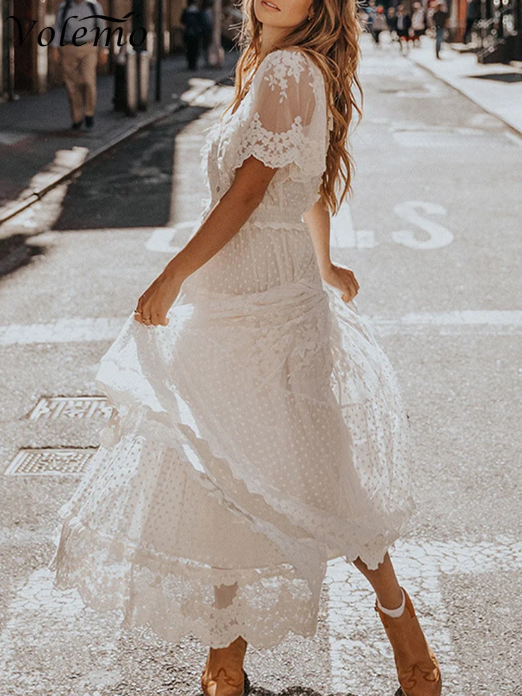 Hollow Out White Dress Sexy Women Lace Long Dress Cross Semi-Sheer Plunge  V-Neck Short Sleeve Lace Maxi Dress Vestido De Mujer