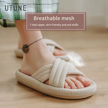 UTUNE 여성용 음소거 린넨 슬리퍼, 일본 실내 신발, 메쉬 천, EVA 밑창 황마 홈 슬리퍼, 미끄럼 방지 슬리퍼, 여름