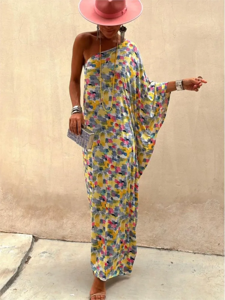 New Dress 2024 Print Diagonal Collar Loose Long Dress Women Summer Fashion  Elegant Party Casual Dresses Female Robe Vestidos - AliExpress