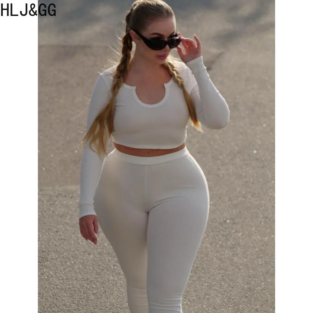 HLJ&GG Autumn Casual Solid Ribber Two Piece Sets Women V Neck Long Sleeve Crop Top + Skinny Pants Tracksuits Female 2pcs Outfits new 2023 summer men s casual 2pcs short sleeve cotton sets t shirt