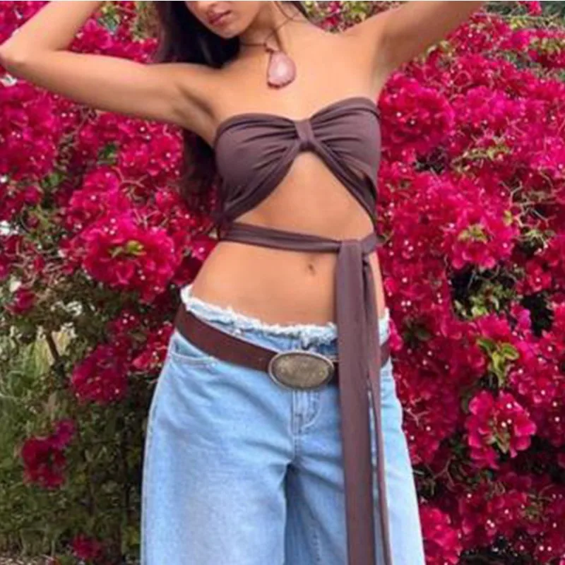 

Women Sexy Backless Crop Tube Top Y2k Fairy Grunge Sleeveless Low Cut Bandeau Strapless Backless Tie-up Summer Ladies Clubwear