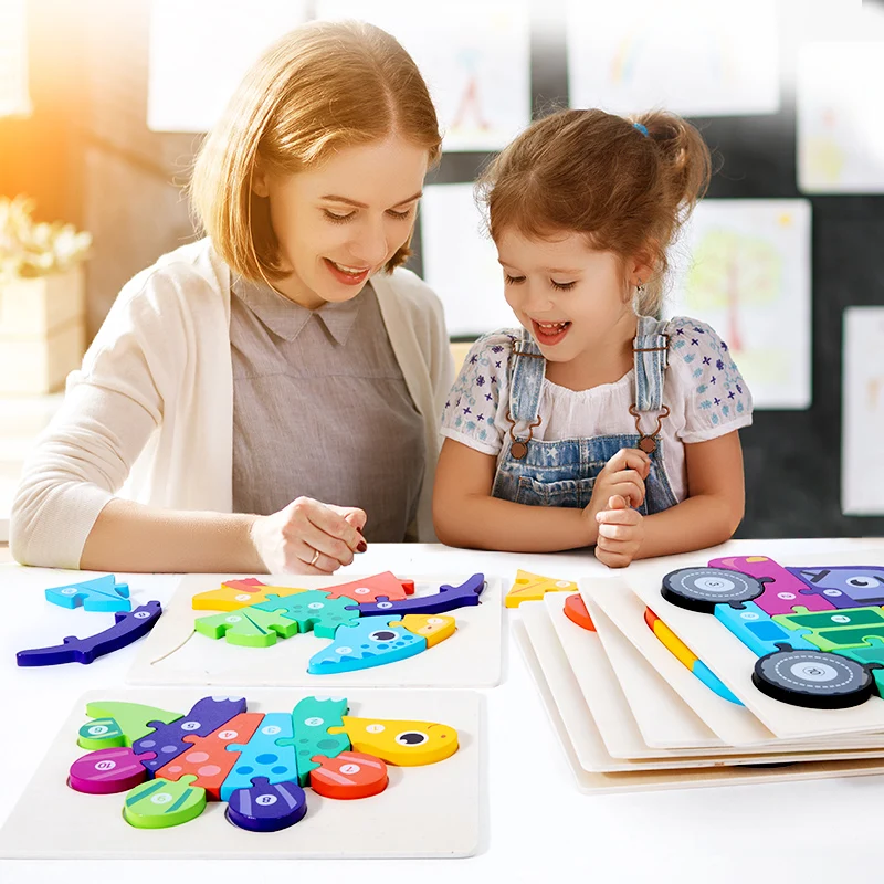 3D Puzzles Dinosaur Animal Vehicle Wood Jigsaw Puzzle Game Kids Learning Montessori Educational Toys Baby Wooden Toys 2