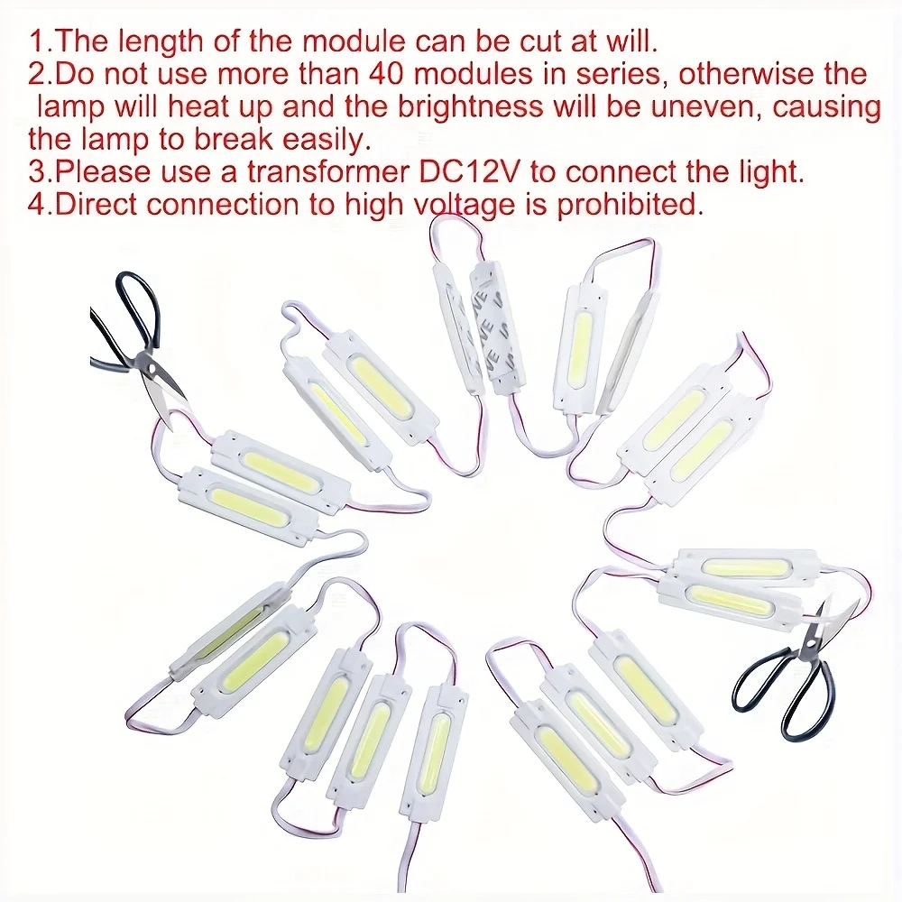 20개의 LED 상업용 광고 표지판 조명 모듈, 자동차 주변 조명, DC12V 고휘도 COB 라이트 비드, 조명 문자등, 옥외 광고판 모듈 조명, 장식 캐비닛 조명, 자동차 화장 거울, 도로변 표지판, 광고