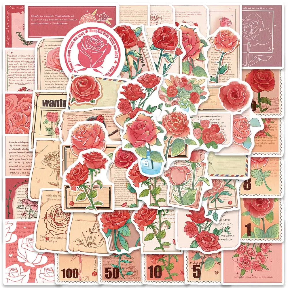 

50pcs Cartoon Flower Pink Rose Stickers For Laptop Water Bottle Luggage Guitar Stationery Vinyl Decals Waterproof Graffiti