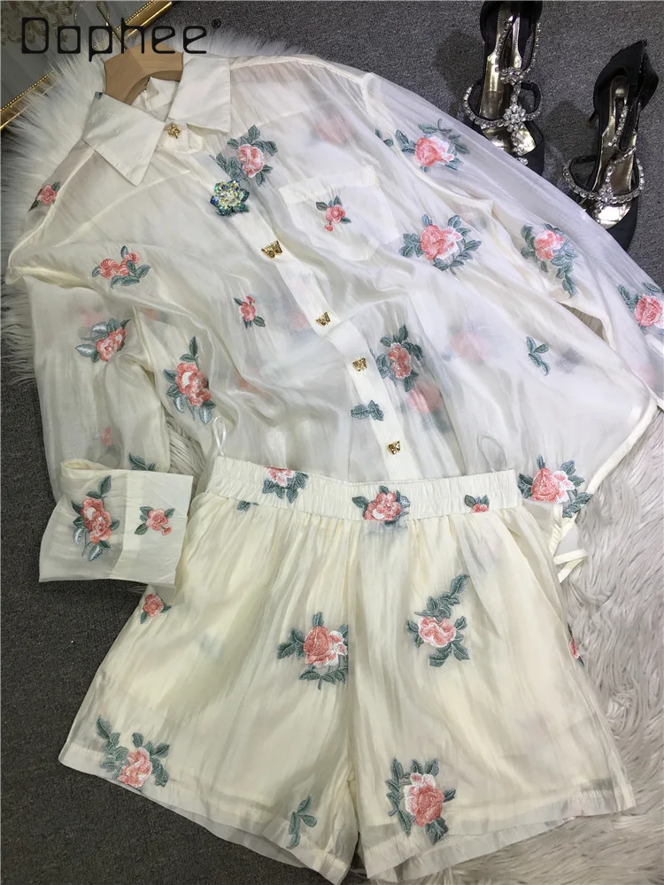 

Summer Clothes for Women Fashion Shorts Sets Vintage Embroidery Flower Thin Oversized Shirt Coat 2 Piece Sets Women Outfits