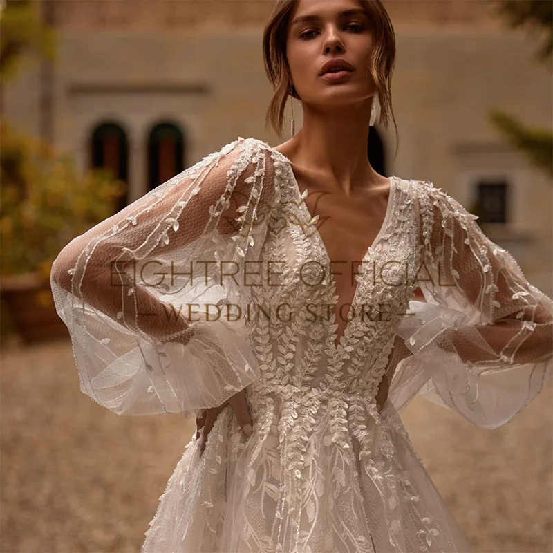Wedding Dresses Eightree Wedding Dresses A-Line V Neck Appliques Puff Sleeve Beach Bridal Prom Dress