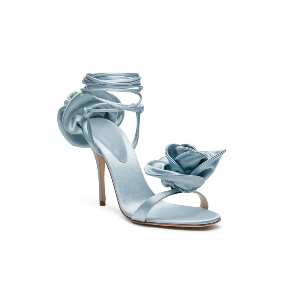 Women's Sandals 2023 High Heels Shoes Silks Satins Party Buckle Shoes Rome Flower Round Toe Sandals Summer Dancing Shoes