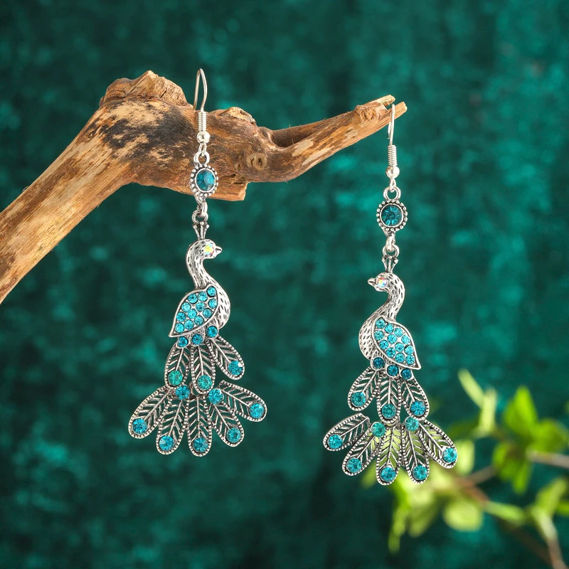 New Vintage Ethnic Silver Color Peacock Earrings Indian Jhumka Jewelry Boho Hollow Long Rhinestone Animal Earrings for Women