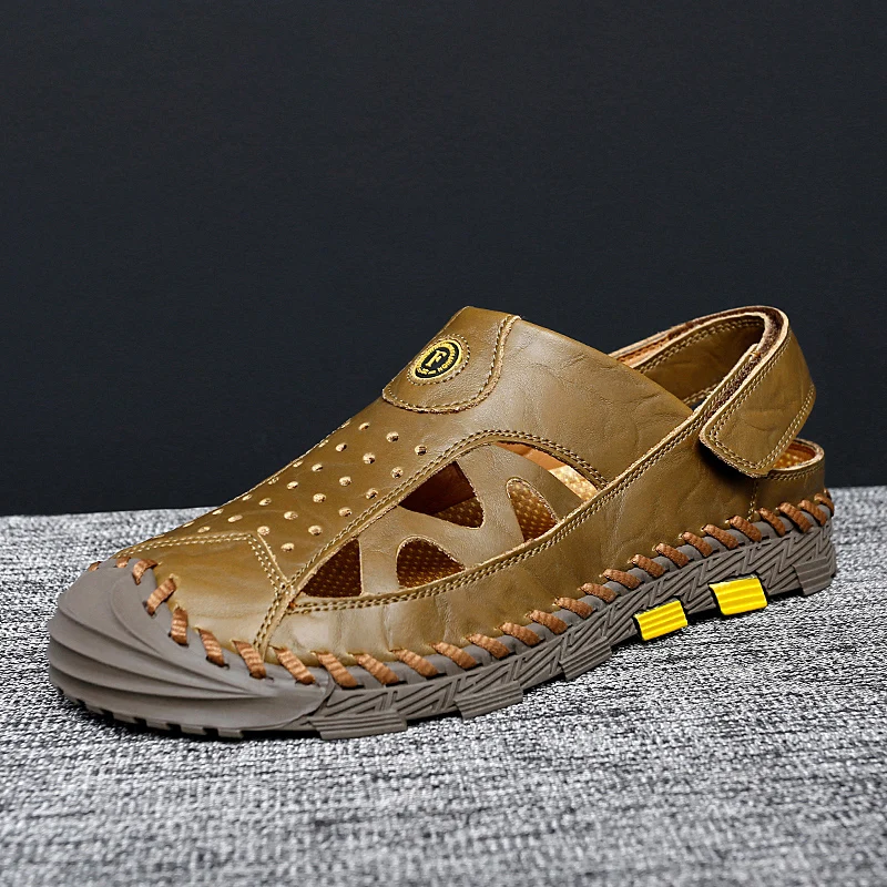 

Summer Slip on mens shoes Genuine Leather Casual loafers men Breathable High Qualit Beach Shoes Lightweight flats plus size38-47