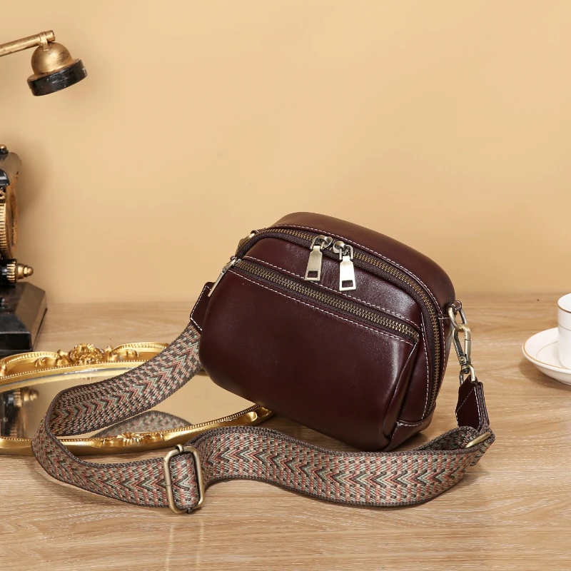 Top Layer Cowhide Shoulder Bag Fashion Genuine Leather Small Round Bag Daily Women's Bags Genuine Leather Crossbody Bag