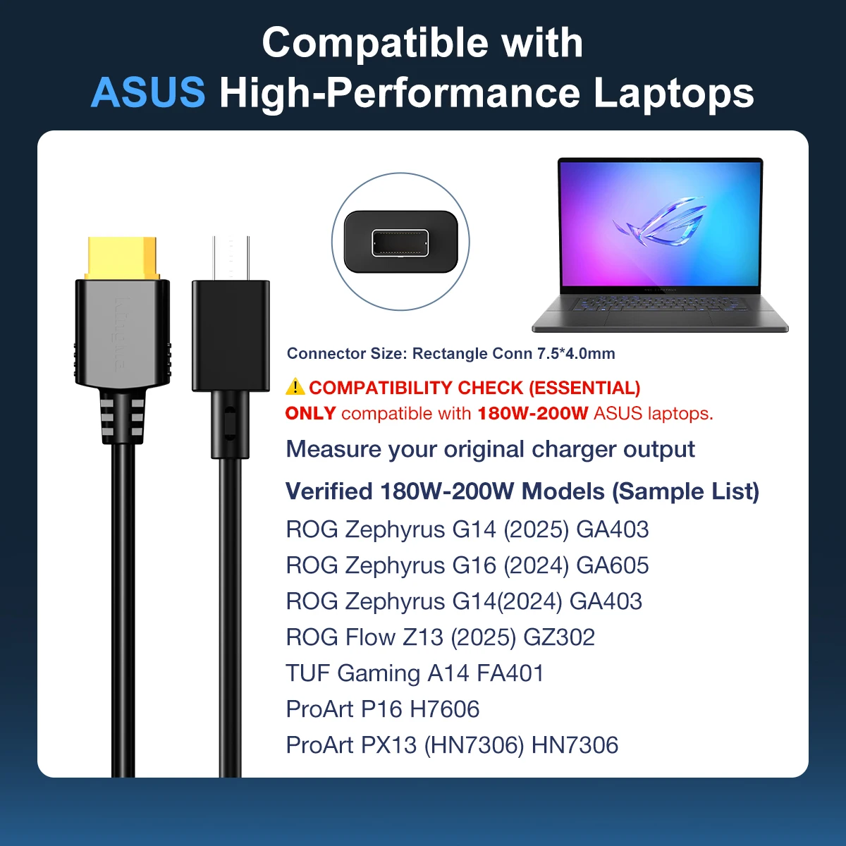 200W 260W 노트북 충전기 (아수스 ROG Zephyrus G16 G14 TUF Gaming A14 A16 ROG Flow Z13 GZ302 GZ302EA TUF A14 FA401KM 2024-2026년