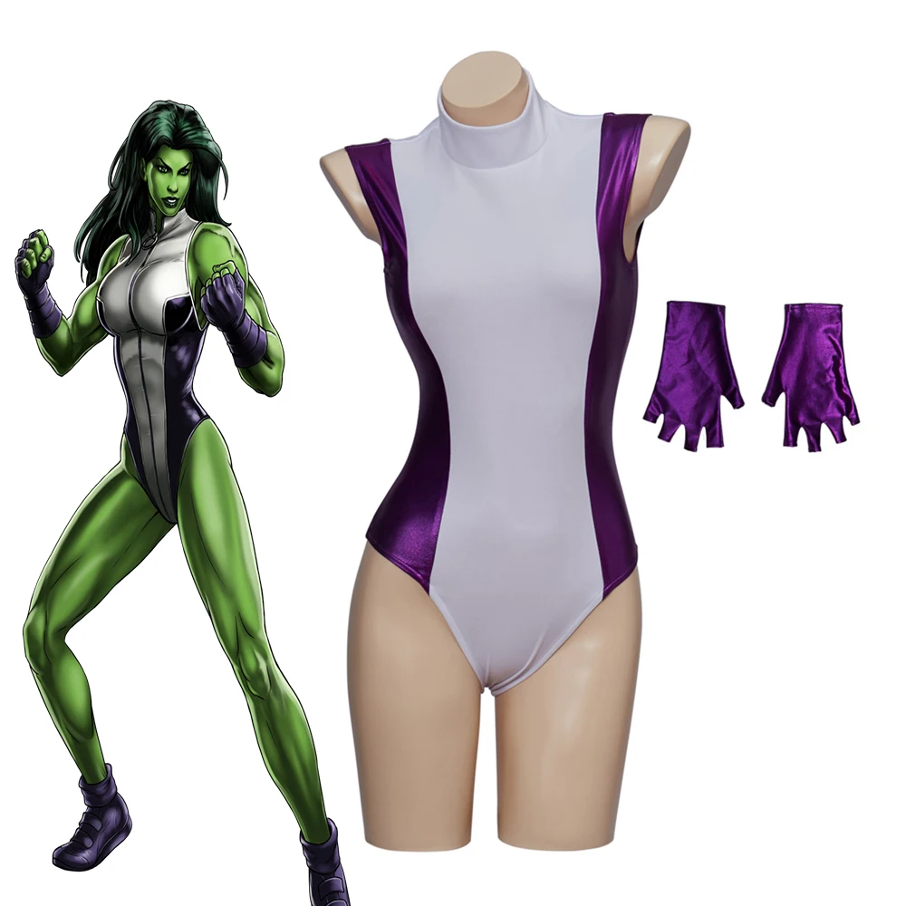 She Hulk Cosplay Costume Women Sexy Sleeveless Bodysuit with Gloves Halloween Carnival Party Superhero Jumpsuit Roleplay