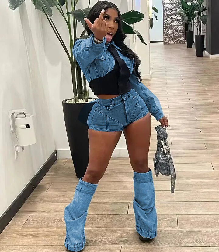 Casual Denim Patchwork Two Piece Set Streetwear Long Sleeve Jean Top Shorts Women Tracksuit Y2K Vintage Summer 2 Pieces Outfits