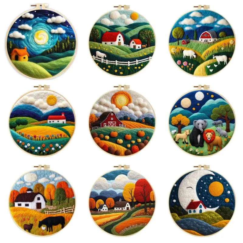 CHENISTORY 20x20cm Wool Felting Painting Kit Kit House Scenery Funny Diy Felt Crafts Package Felt Needle For Handicraft