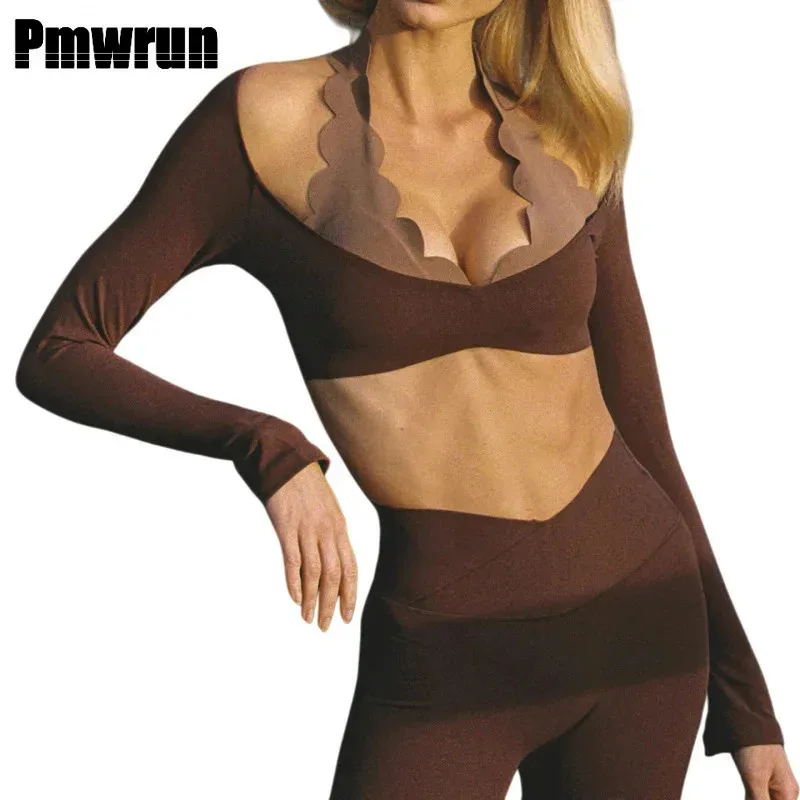 PMWRUN 요가 스포츠 긴 소매 패션 레이스 고탄력 피트니스웨어 타이트 피팅 스포츠웨어 탑 슬림핏 체육복 여성