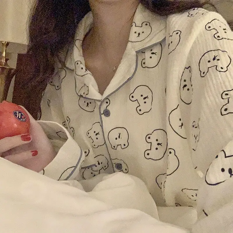2024 Spring Autumn sleepwear Women's Cartoon Bear Pajamas set Female Cotton Long Sleeve Casual large Size Homewear Two-Piece Set