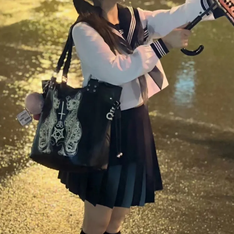 JIAERDI Large Capacity Black Tote Bag Women High Street Lolita Gothic Leather Y2k Grunge Handbag Female Punk Dark Shoulder Bags