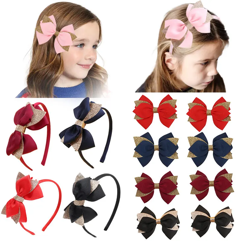 

ncmama 3Pcs/set Glitter Hair Bows Clip Hairband For Baby Girl Solid Satin Ribbon Bowknote Hairpin Headband Kids Hair Accessories