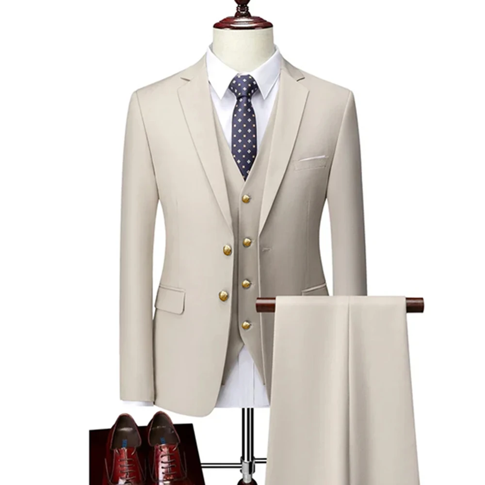 Men's Leisure Boutique Solid Color Slim Fit Suit Pants 3 Pcs Set Male Casual Dress Blazers Jacket Trousers Vest