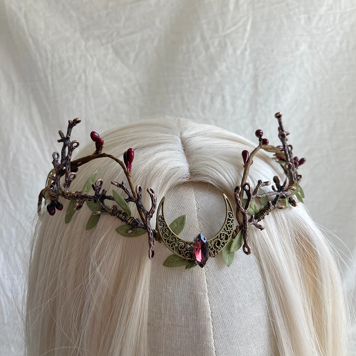 Handmade Woodland Elven Forest  Leaves Crown Red Waterdrop Tiara Moon Circlet  Goddess Circlet Fairy Goddess Wedding Crown