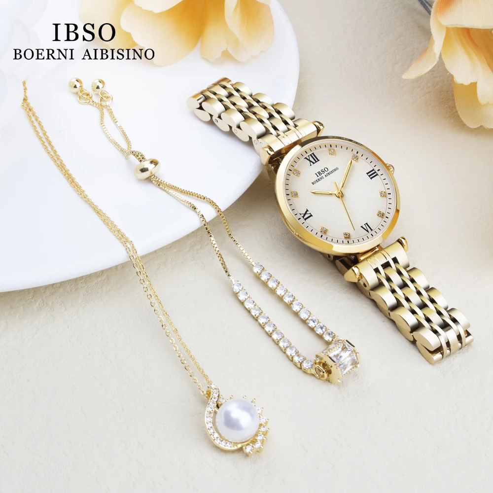 IBSO 2023 NEW Arrival Women Watch Set Simple Dial Quartz Movement Stainless Steel Strap Pearl Necklace Zircon Bracelet Watches