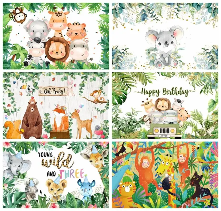 

Laeacco Woodland Animals Backdrop Cartoon Deer Fox Bear Squirrel Safari Jungle Kid Baby Birthday Portrait Photography Background