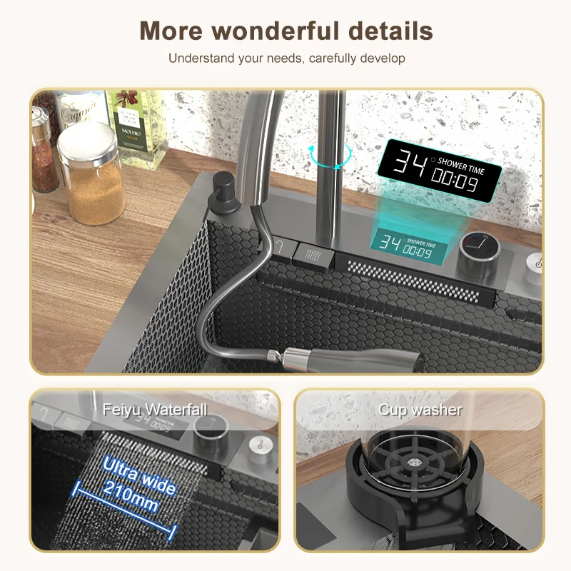Stainless Steel Waterfall  Kitchen Sink Embossed Large Single-slot Multi-functional Sink With Drain On The Left Side 5