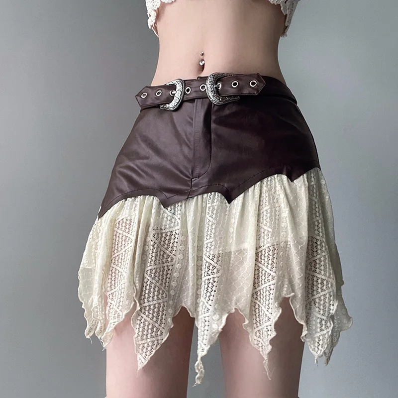 

2023 Instagram Hottie One Piece Lace Patchwork Leather Half Skirt Women's Low Waist Personality Belt Slimming Pleated Skirt 347