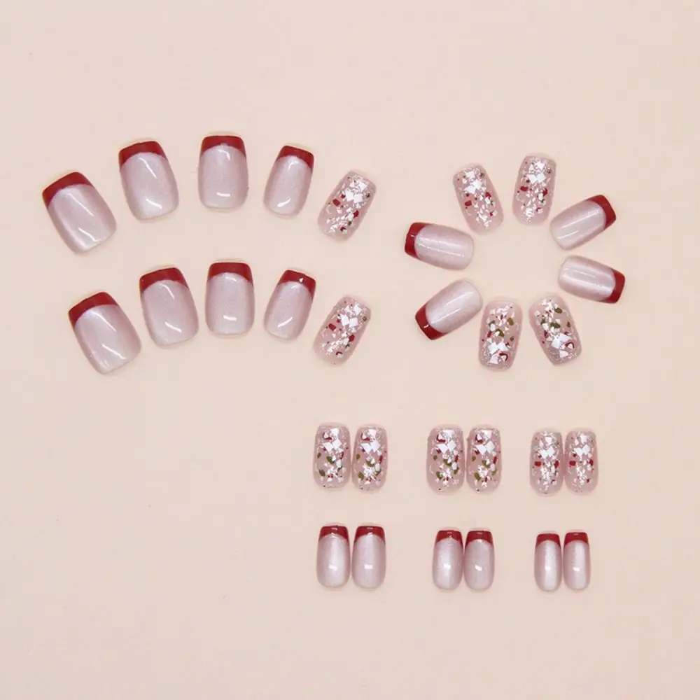 30pcs Short Ballerina False Nails Cat Eye Shining Slices French Fake Nails Full Cover Red Bow Heart Press on Nails Women