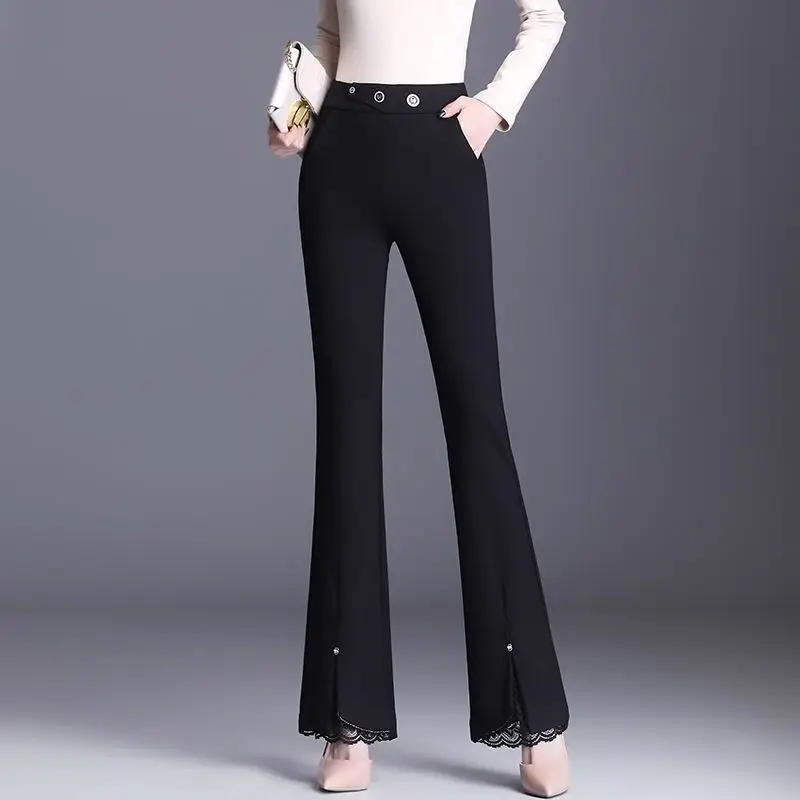 

Spring Autumn Women 2022 New Commute Button Elastic Waist Fashion Foot Mouth Splicing Lace Black Pockets Split Straight Trousers