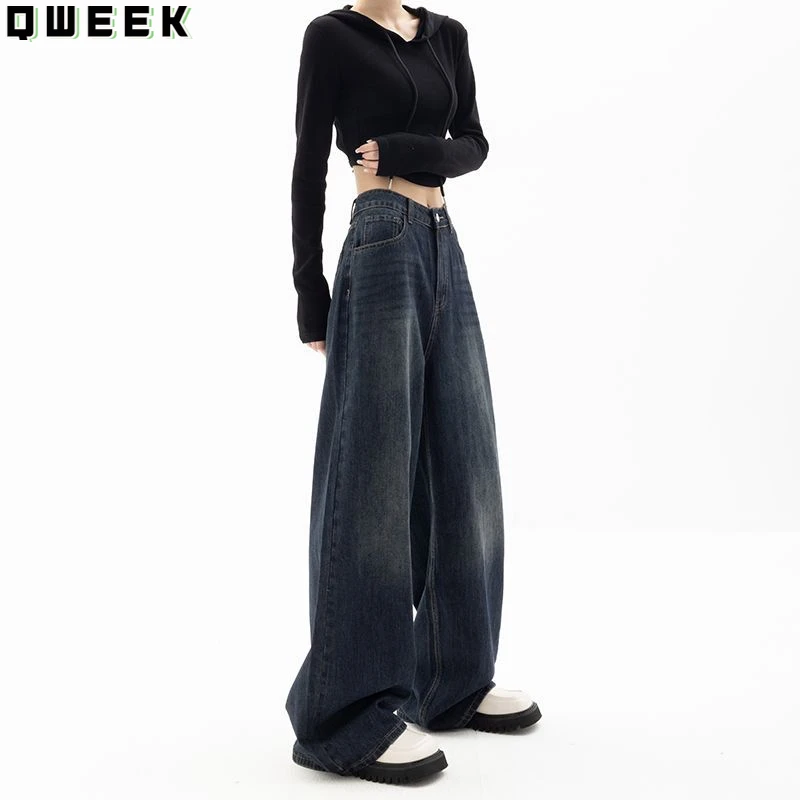 QWEEK Vintage High Waist Jeans Women Y2k Harajuku Loose Korean Fashion Wide Leg Pants Oversized Straight Casual Denim Trousers