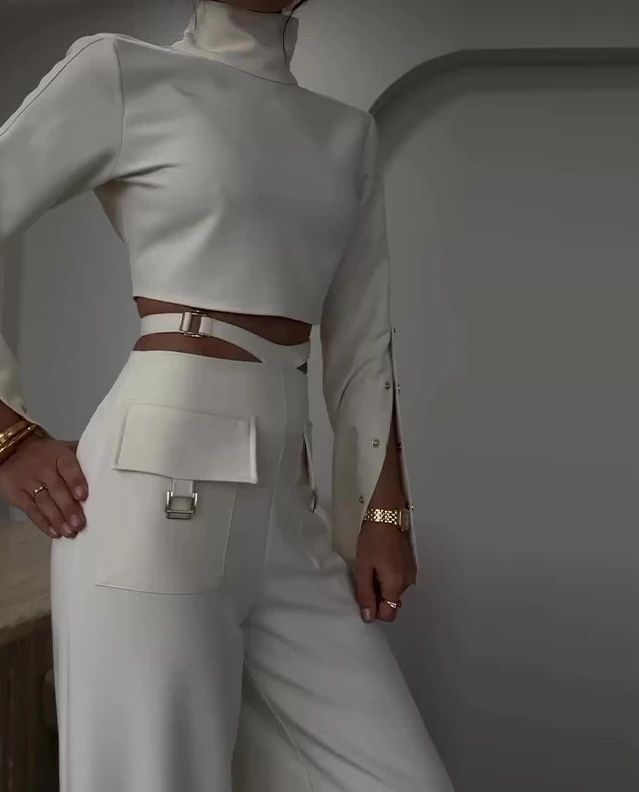 High Necked Solid Color Navel Exposed Sweet Spicy Style Loose Wide Leg Pants Set for Women 2024 Spring Summer Simple Pants Set