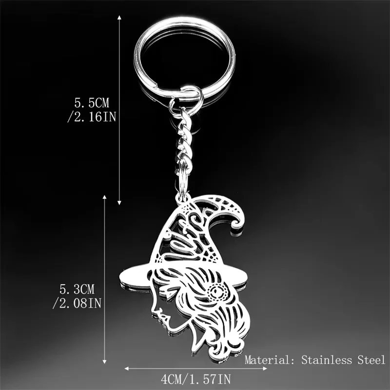 Hexerei Magie Mädchen Hexe Hut Schlüsselanhänger für Frauen Männer Edelstahl Schwarz Farbe Halloween Schlüsselring Schmuck llaveros kawaii – Detail 3