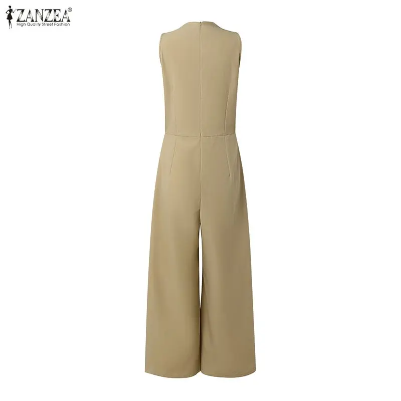 Fashion Summer Women Jumpsuits Sleeveless ZANZEA Solid Wide Leg Pants V Neck Party OL Work Overalls Long Playsuits Streetwear 5
